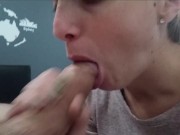Blowjob on the table with cum in mouth