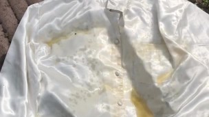 Peeing on a white satin blouse and cumming