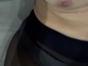 Glasses blowjob with nylon and I cum on small tits  16/16