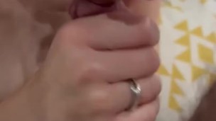 Glasses blowjob with nylon and I cum on small tits 