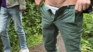 Jerked off in the park but got busted by a cute twink, gladly he didn't mind to help!