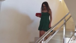 Double massage in Hotel Lobby # Public no panties # Vaginal device in action