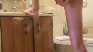 Twink Fucks himself before shower with long big dildo