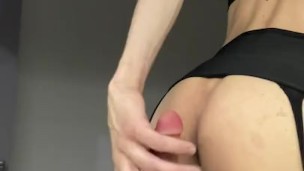 femboy rides dildo and licks his cum