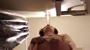 Femboy sucks off dildo and cums