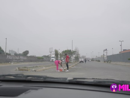 A voluptuous saleswoman is very horny in the street offering water with a happy ending
