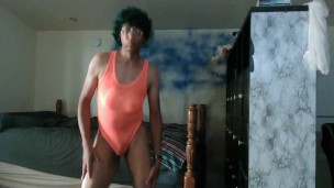 ANIME CROSSDRESSER BOY WITH GREEN HAIR AND FAKE BOOBS DANCING
