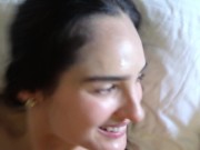 Sexy girl in sundress enjoys her cum plastered face! 15/16