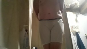 Desperate Wetting! Held it for over 6 hrs! Huge cumshot after soaking my white shorts in PISS!