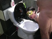 Hard toilet slave training! Sitting on toilet and decide to piss in her mouth 7/16