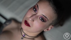 Gothic girl doing a striptease and lapdance, masturbates and slaps her wet pussy