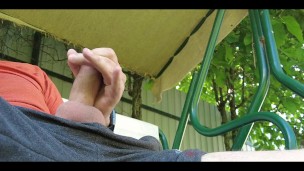 Outdoor jerking and pissing before nice cumshot. Solo circumcised curved cock