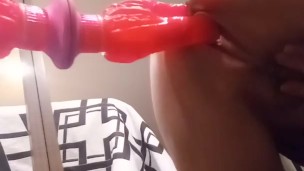 Stuffing both holes with my double-up suction cup dildo