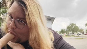 Slave Sucks Dildo in Public Parking Lot!