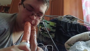 Sucking 2 Dildo Cocks at the same time