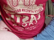 Hands free cumshot on my friends bed 15/16