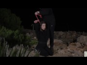 Bound and parched of cock essence this BDSM fetish sub drinks from her doms flute after suckling with delight 3/16