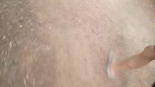 Boy cumming on his feet in flip flops after wanking outdoors. Foot fetish video