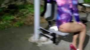 Sissy exercising (her asshole) in a public park's gym (with a dildo) then gets fucked right there