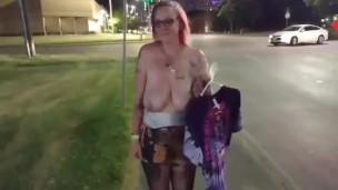 Topless huge tits amateur in public