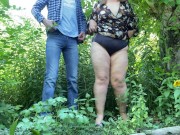 Chubby MILF in short dress gets cum outdoors after joint masturbation 16/16