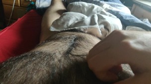 hairy hunk strokes his hard fat cock