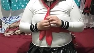 PVC Sissy School girl does breathplay latex mask gasmask eva helmet