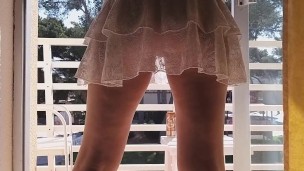 Up Dress NO PANTIES at Hotel Balcony # Public Pussy tanning and watering