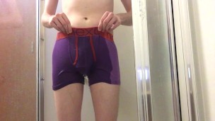 College Twink Pisses Purple Boxer Briefs and Gets Hard