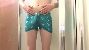 Desperate College Twink Peeing in his Turquoise AE Boxer Briefs