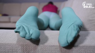 Colorful worn pantyhose and Ivet's sexy soles teasing (stockings, nylon, foot teasing, sexy soles)
