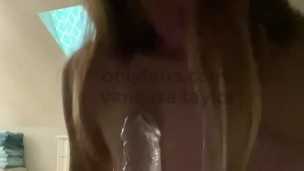 Teen slut throat fucking dildo before she fucks herself