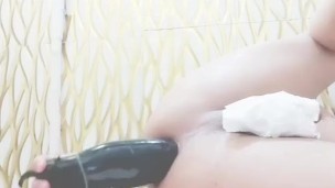 Cute teen gape ass in shower with a huge eggplant