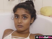 Small titted teen fingers and toys her horny hairy cunt in milk bath 3/16