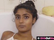 Small titted teen fingers and toys her horny hairy cunt in milk bath 4/16