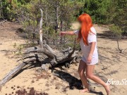 redhead milf pissing in the woods standing on a log 4K 60fps 4/16