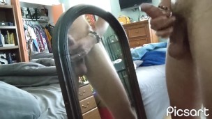 Hung cock squirts all over mirror
