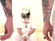 Tattooed chick with huge boobs sucking and fucking two lucky men 2/16