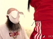 Tattooed chick with huge boobs sucking and fucking two lucky men 4/16