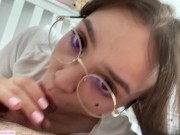 Cumshot on petite beauty face in glasses 11/16