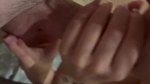 Blowjob with nylon and cum on small tits 