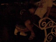 A young couple is having sex on a roadside bench.