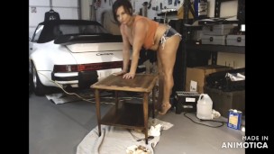 Working at Shop, MILF works up a horny sweat in her shorts. Shows her perfect tits