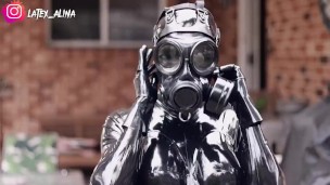 Black Latex Catsuit Gas Mask Enclosure 