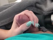 He can’t resist seeing my light blue fingernails against his cock. Cums on my hand 9/16