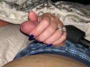 Teasing and edging him with a sensual handjob to completion. Bright blue fingernails on cock 13/16