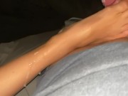 HUGE CUMSHOT Stroking his cock w/my pink wiggling toes til he shoots up my leg and on my feet 15/16