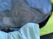 Cum on a girl's tits in a tent in the woods 13/16