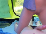 Cum on a girl's tits in a tent in the woods 9/16