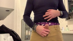 Bathroom Bating and cumming in my sagging jeans and boxers. NICE cum shot. verbal, moaning